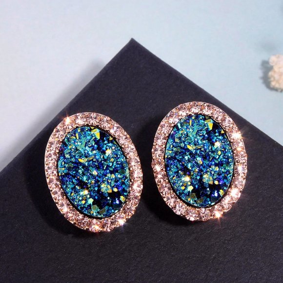 Round Stud Blue Multi Colored Stone with Halo - Picture 5 of 6